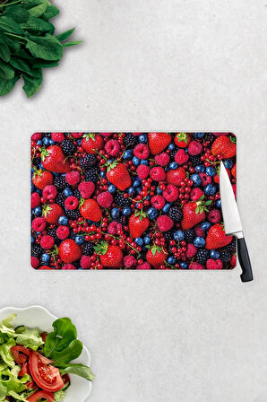 Cam Kesme Tahtası - Cam Kesme Tablası | Mor ve Kırmızı Meyveler | 20cm x 30cm