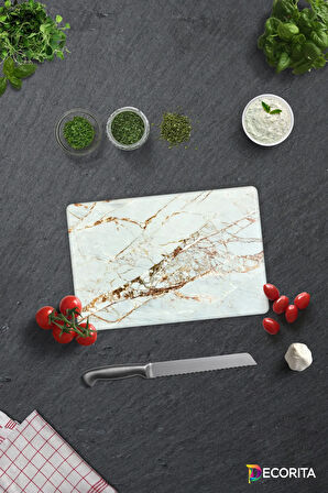 Cam Kesme Tahtası - Cam Kesme Tablası | Gold Detaylı Beyaz Mermer Görünümlü | 20cm x 30cm