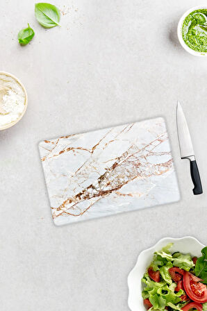 Cam Kesme Tahtası - Cam Kesme Tablası | Gold Detaylı Beyaz Mermer Görünümlü | 20cm x 30cm