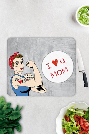Cam Kesme Tahtası - Cam Kesme Tablası | I Love U Mom | Gri Temalı | 29cm x 34cm