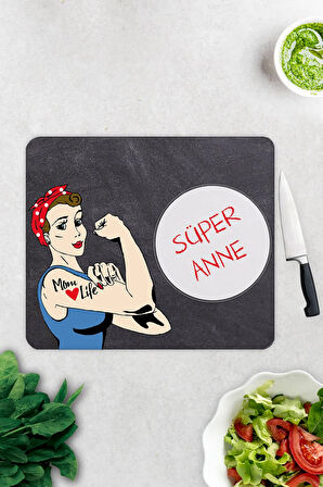 Cam Kesme Tahtası - Cam Kesme Tablası | Süper Anne | Karatahta Temalı | 29cm x 34cm
