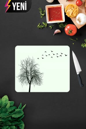 Cam Kesme Tahtası - Cam Kesme Tablası | Ağaç ve Kuş Desenli | 29cm x 34cm