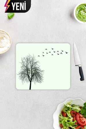 Cam Kesme Tahtası - Cam Kesme Tablası | Ağaç ve Kuş Desenli | 29cm x 34cm