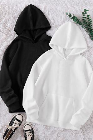 Kadın 2'li Kapşonlu Siyah Beyaz Hoodie Sweatshirt 1001_2010