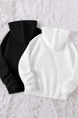 Kadın 2'li Kapşonlu Siyah Beyaz Hoodie Sweatshirt 1001_2010