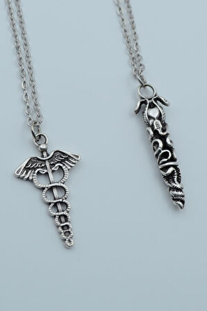 2'li Tıp Sembolü Kadüse Yılan Çubuk Gümüş Kaplama Kolye Seti