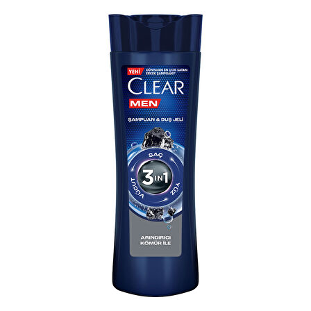 Clear Men 3 in 1 Şampuan & Duş Jeli Arındırıcı Kömür Saç Yüz Vücut İçin 350 ml 2 ADET