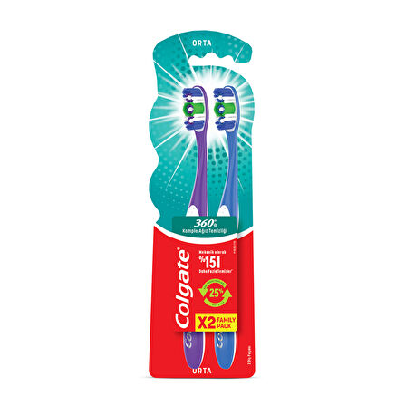 Colgate 360 Komple Ağız Temizliği Orta Diş Fırçası 1+1