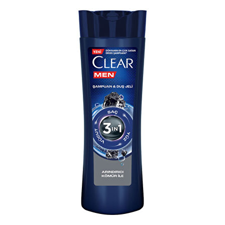 Clear Men 3 in 1 Şampuan & Duş Jeli Arındırıcı Kömür Saç Yüz Vücut İçin 350 ml 2 ADET