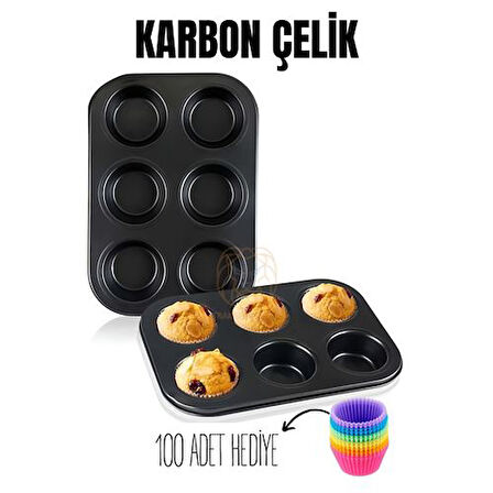 Findit 6 lı Muffin Kalıbı Teflon Çelik  100 Muffin Kağıtlı