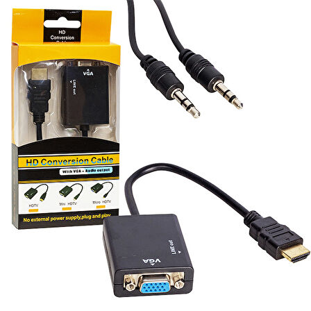 HDMI TO VGA ÇEVİRİCİ ADAPTÖR SES ÇIKIŞLI KUTULU-Findit