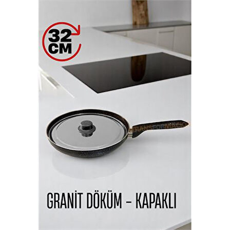 Granit Döküm Tava Paslanmaz Çelik Kapaklı -Yapışmaz Taban 32 Cm
