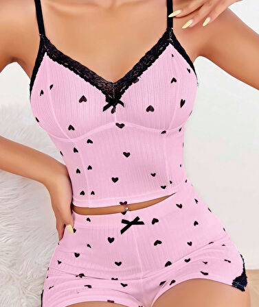 Pembe Kalp Desenli Askılı Şortlu Pijama Takım