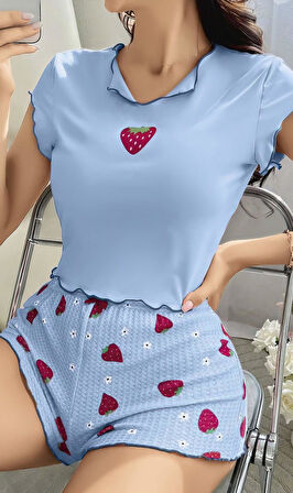 Çilek Desenli Mavi Seksı Pijama Takım