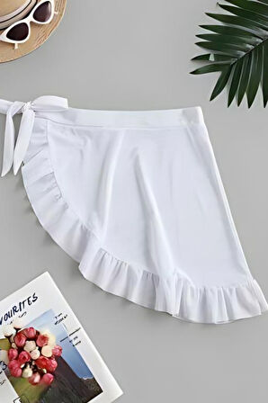 Özel Tasarım Bikini & Mayo Üstüne Beyaz Şık Fırfırlı Plaj Pareo