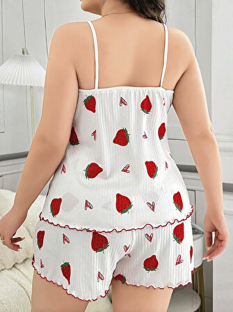 Büyük Beden Çilek Desen Pamuklu Şortlu Pijama Takımı