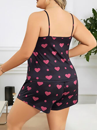 Büyük Beden Siyah Kalp Desen İnce Askılı Pamuklu Şortlu Pijama Takımı