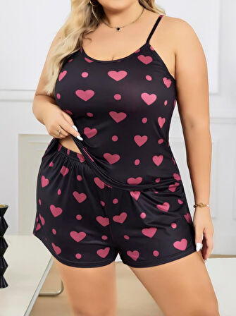 Büyük Beden Siyah Kalp Desen İnce Askılı Pamuklu Şortlu Pijama Takımı