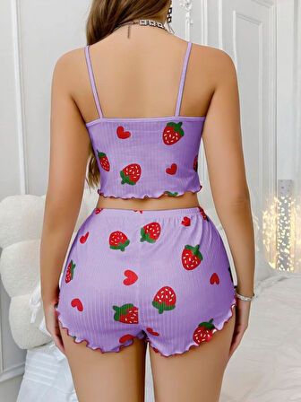 Pamuklu Lila Üstüne Çilek Desen Fitilli Askılı Şortlu Pijama Takımı