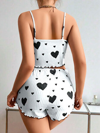 Pamuklu Beyaz Üstüne Siyah Kalp Desen Fitilli Askılı Şortlu Pijama Takımı