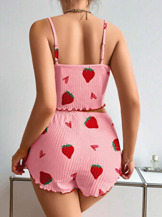 Pamuklu Pembe Üstüne Çilek Desen Fitilli Askılı Şortlu Pijama Takımı