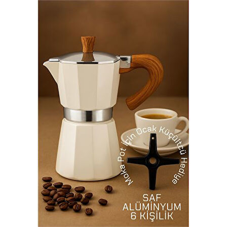 Italyan Moka Pot - 6061 Saf Alüminyum  Ahşap Saplı - 6 kişilik KREM
