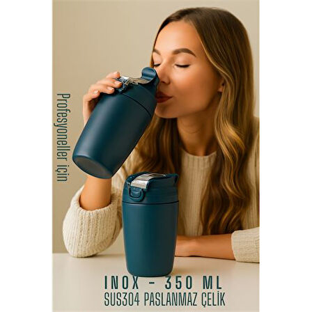 Inox Çelik Kahve Bardağı - 350 ml  SUS304 Çelik Termos Profesyonel MAVİ