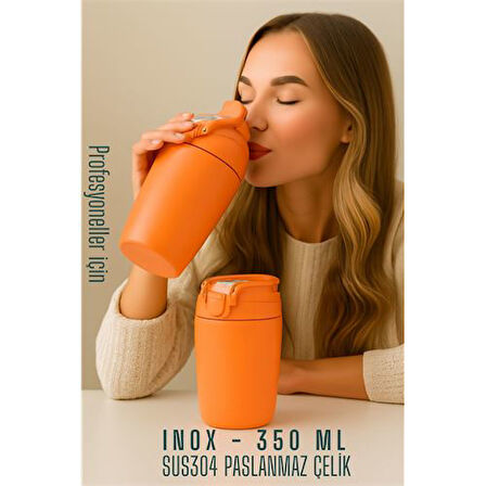 Inox Çelik Kahve Bardağı - 350 ml  SUS304 Çelik Termos Profesyonel TURUNCU