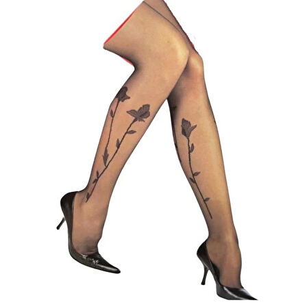 Çiçek Desenli Siyah Külotlu Çorap