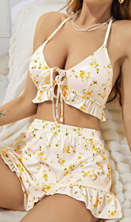 Kadın Çiçekli Ekru Askılı Şortlu Pijama Takım 5017