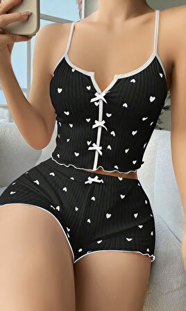 Kadın Siyah Kalp Desenli Askılı Şortlu Pijama Takım 5008