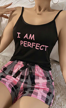 Kadın Siyah Kare Desenli Askılı Şortlu Pijama Takım 5012