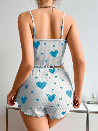 Kadın Beyaz Mavi Kalp Desenli Askılı Şortlu Pijama Takım 5043