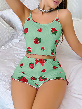 Kadın Yeşil Çilek desenli Şortlu Pijama Takımı 5060