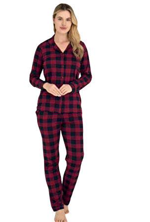 Kadın Kareli Önden Düğmeli Mürdüm Kışlık Pijama 9205