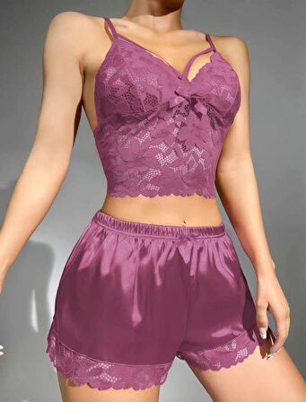 Arias Closet Dantelli Büstiyer İnce Askılı Lila Saten Şortlu Takım