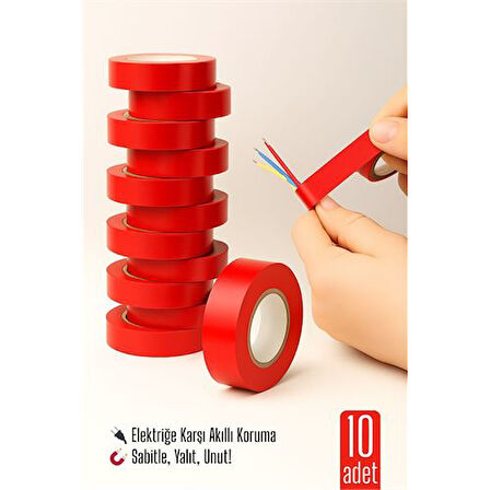 10 LU KIRMIZI Elektrik  Bandı – Yüksek Yalıtım Gücü, Kablo Sabitleme ve Elektrik Koruma İçin