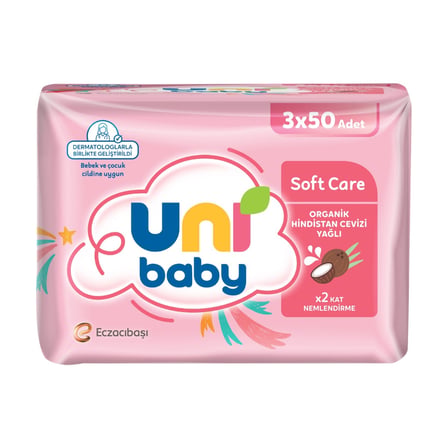 Uni Baby Softcare Hindistan Cevizi Yağlı Islak Mendil 3 x 50'li