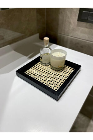 Rattan Hazeran Kare Tepsi Siyah-24x24 Cm (%100 Doğal Hazeran)