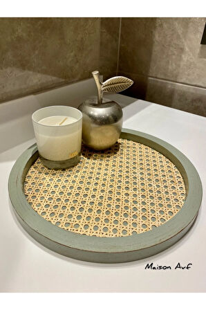 Rattan Hazeran Yuvarlak Tepsi Ihlamur Yeşili Eskitme Model (%100 DOĞAL HAZERAN) M044