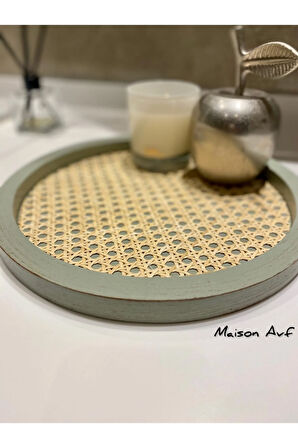 Rattan Hazeran Yuvarlak Tepsi Ihlamur Yeşili Eskitme Model (%100 DOĞAL HAZERAN) M044