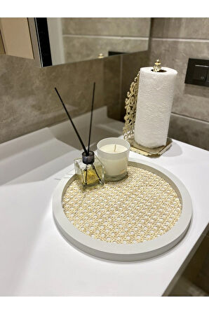 Rattan Hazeran Yuvarlak Tepsi Beyaz (%100 Doğal Hazeran)