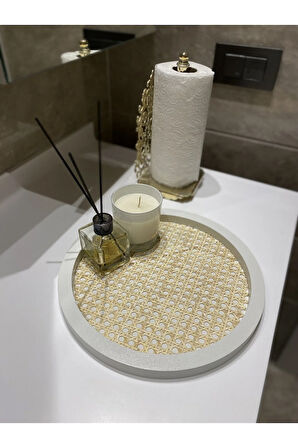 Rattan Hazeran Yuvarlak Tepsi Beyaz (%100 Doğal Hazeran)