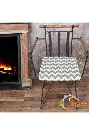 40x40 Krem Gri Zikzak Desenli Su ve Leke İtici Fermuarlı Bağcıklı Sandalye Minderi 5 cm