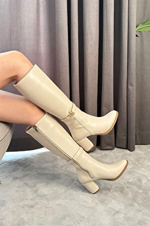 Kadın Krem Tek Tokalı Yandan Fermuarlı Diz Altı Cizme