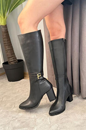 Kadın Siyah Tokalı Yandan Fermuarlı Diz Altı Cizme