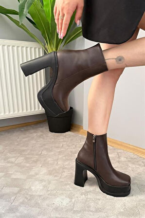 Kadın Koyu Kahve 12 cm Platform Topuklu Fermuarlı Bot