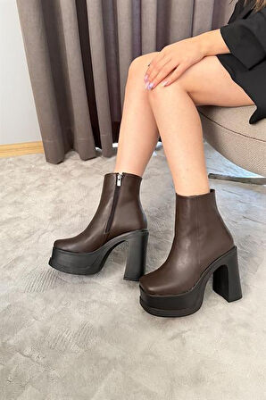Kadın Koyu Kahve 12 cm Platform Topuklu Fermuarlı Bot