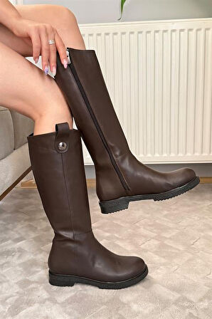 Kadın Koyu Kahve Günlük Çizme Dizaltı Fermuarlı Çizme