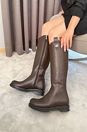 Kadın Koyu Kahve Günlük Çizme Dizaltı Fermuarlı Çizme